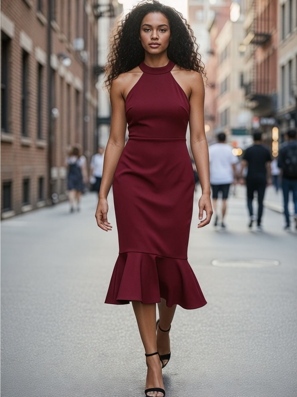 Women’s Burgundy Halter Neck Mermaid Dress Ruffle Hem Bodycon Midi Cocktail